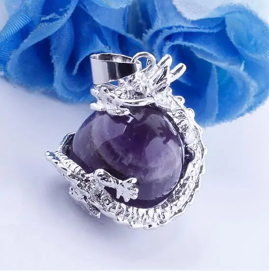 

2pcs 18MM Natural Amethyst Crystal Gemstone Dragon Pendant 925sivler for Necklace