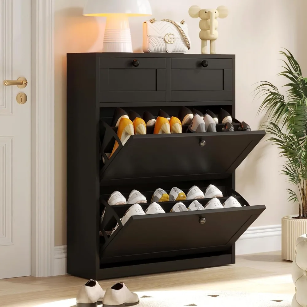 

Shoe cabinet with 2 flip drawers and 2 drawers, independent shoe cabinet with adjustable shelves