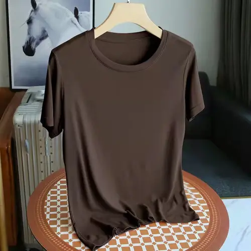 Moda 2025, nueva camiseta coreana de manga corta con cuello redondo de Modal para mujer, ropa informal de verano para mujer, camiseta básica de Color café