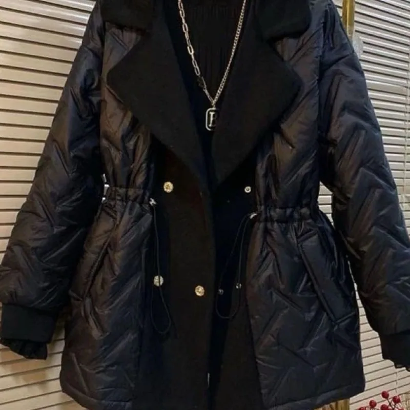 Women's Autumn Winter Top Coat Cotton Coat Solid Color Waist Drawstring Pocket Large Size Warm Retro Simple New Niche Versatile