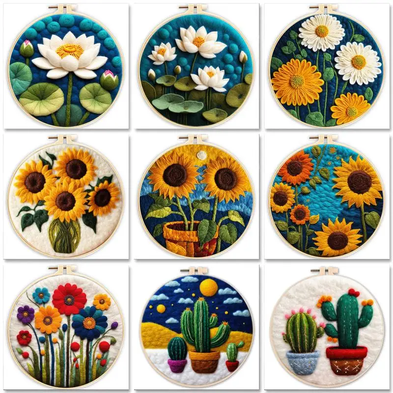 

GATYZTORY Creative Diy Wool Felt Painting Sunflower Kit Wool Needle Felt Painting Colorful Flowers Craft Kit Art Gift Handicraft