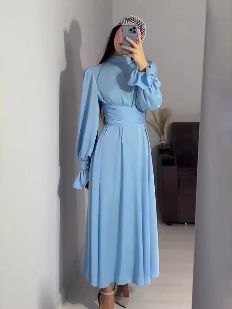 Eid Satin Party Dress for Women Abaya Flare Sleeve Vestidos Largos Dresses Ramadan Lace-up Islam Largo Dubai Arab Long Robe 2024