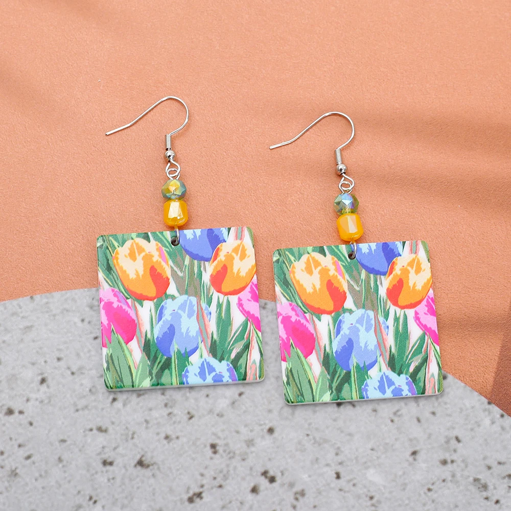 Fashion Gorgeous Colorful Acrylic Women's Earrings 2024 Trend Tulip Flower Relievo Printing Hot Selling Elegant Girls Jewelry