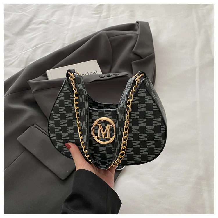 

French Retro Letter Print Satchel - Women's Chain Shoulder Crossbody Underarm Top-Handle Bag