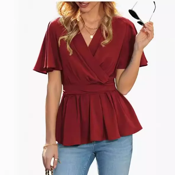 Damska bluzka z falbankami, letnia, kopertowa, z krótkim rękawem, dekolt w serek, top z paskiem.