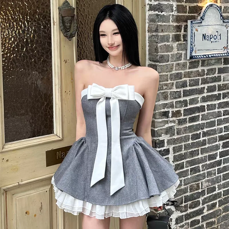 Mulheres sexy fora do ombro mini vestido de verão arco doce arco vestido fino em camadas camada natal festa aniversário noite vestidos