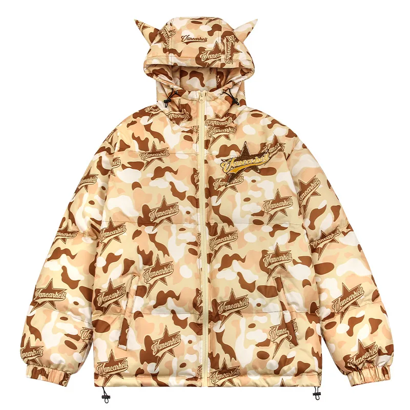 Men Camouflage Down Jacket Devil Horns Letter Print Hooded Parkas Harajuku Street Punk Streetwear Winter Warm Couple Bubble Coat