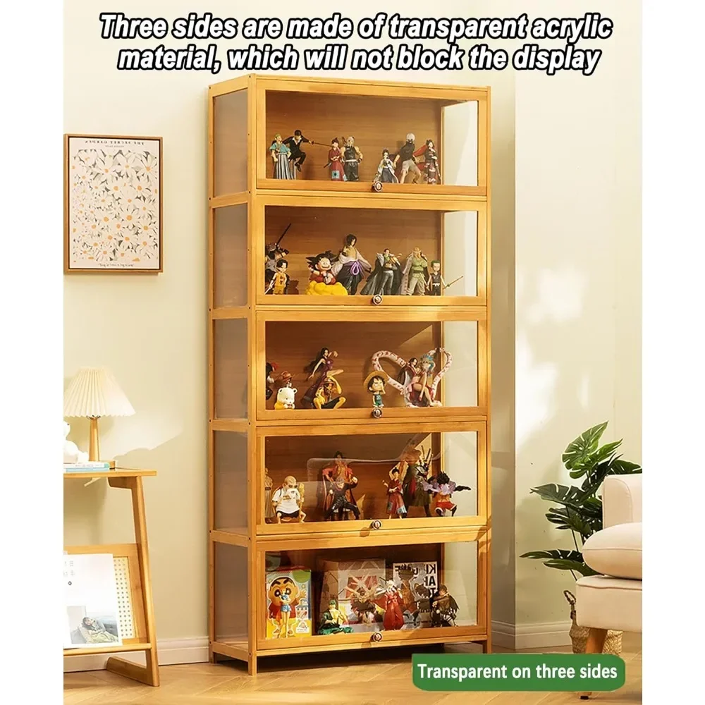 Display Cabinet Curio Cabinet Display Cabinet made of natural bamboo, flip-up door design, living room cabinets