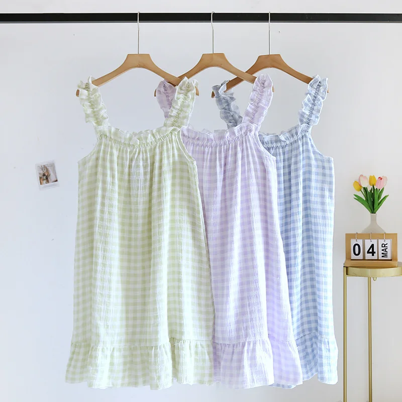 

100% Cotton Women Nightgowns Ladies Summer Pure Cotton Thin Suspender Nightdress Loose Mid-length Sweet Lovely Long Home Dress