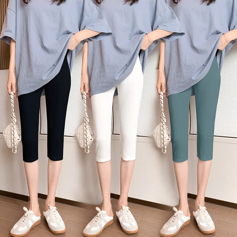 Modal High Waist Seven-Foot Pants Women Summer Thin Tight Elastic Slimming plus Size Base Layer Pants Breathable Quick-Drying