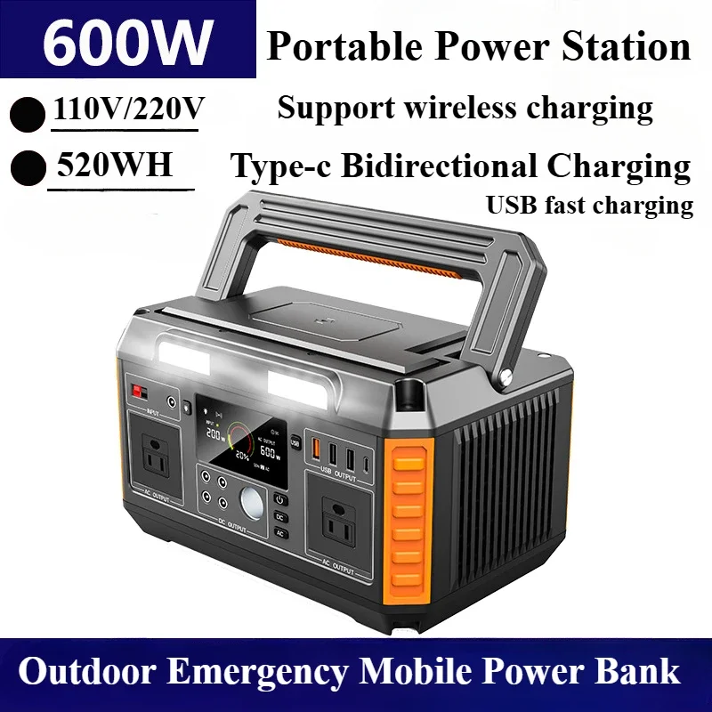 

600W Portable Power Station 520Wh solar generetor 220V/110v Pure Sine Wave AC Outdoor Emergency Generator for Home Use Camping