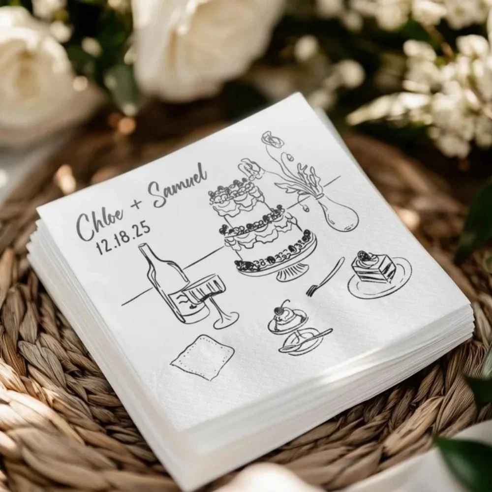 مناديل زفاف مخصصة، مناديل زفاف ذات اسم مخصص، مناديل كوكتيل أنيقة، ديكور طاولة الزفاف، مناديل استقبال الزفاف