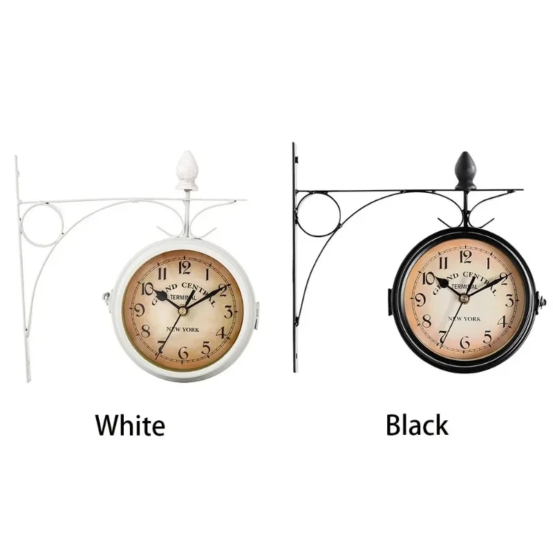 Outdoor Wall Clock Hanging Retro Double Sided Battery Powered Metal Mount Vintage Garden Coffee Bar Decoration Round Station