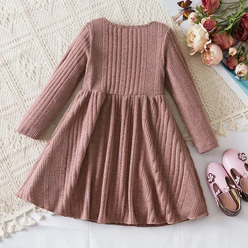 Kids Girls Knitted Dress Autumn Winter Long Sleeve Dress Fashion Flying Sleeve Birthday Party Costume Children Clothing 2-6 Year