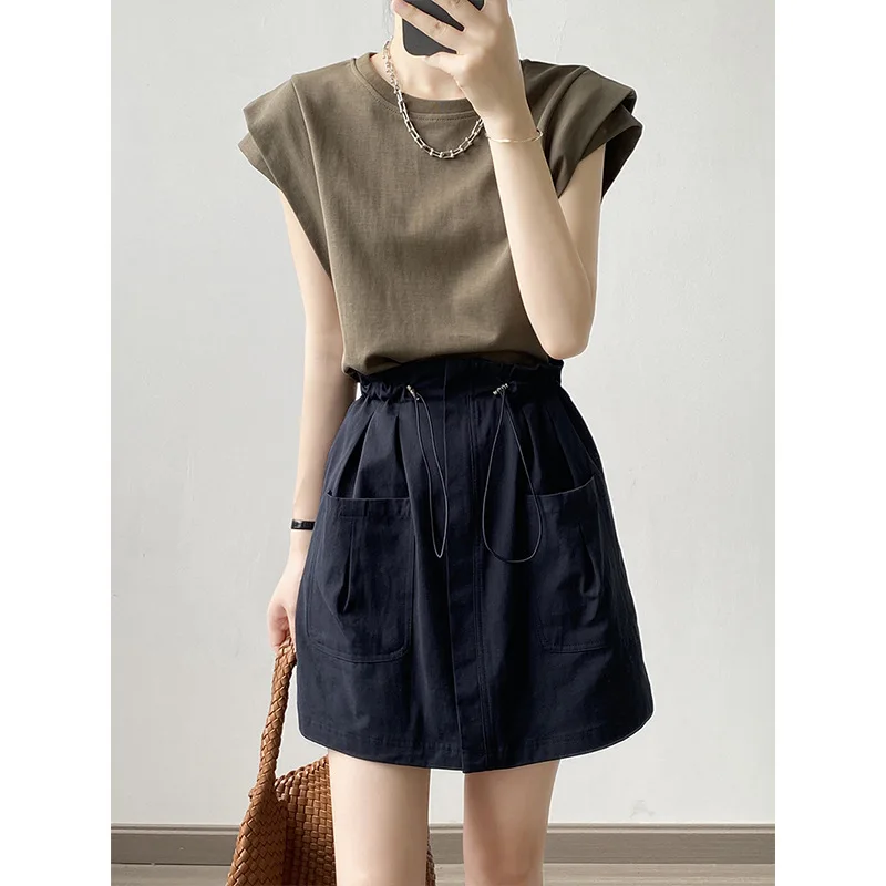 

Женская летняя футболка без рукавов с круглым вырезом, новый дизайн, ниша, однотонный свободный топ для похудения