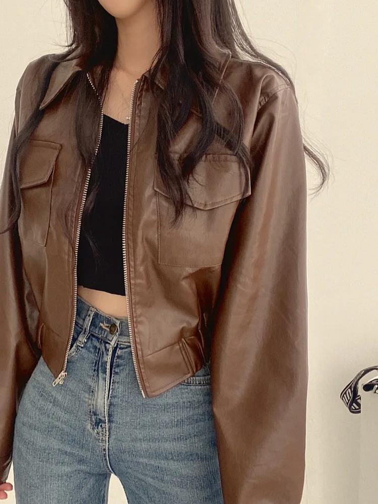 Retro Hong Kong Sle Chic Bla PU Leather Jaet ort Coat Women's Faion Small Size Turn-down Collar Zipper Sve Long