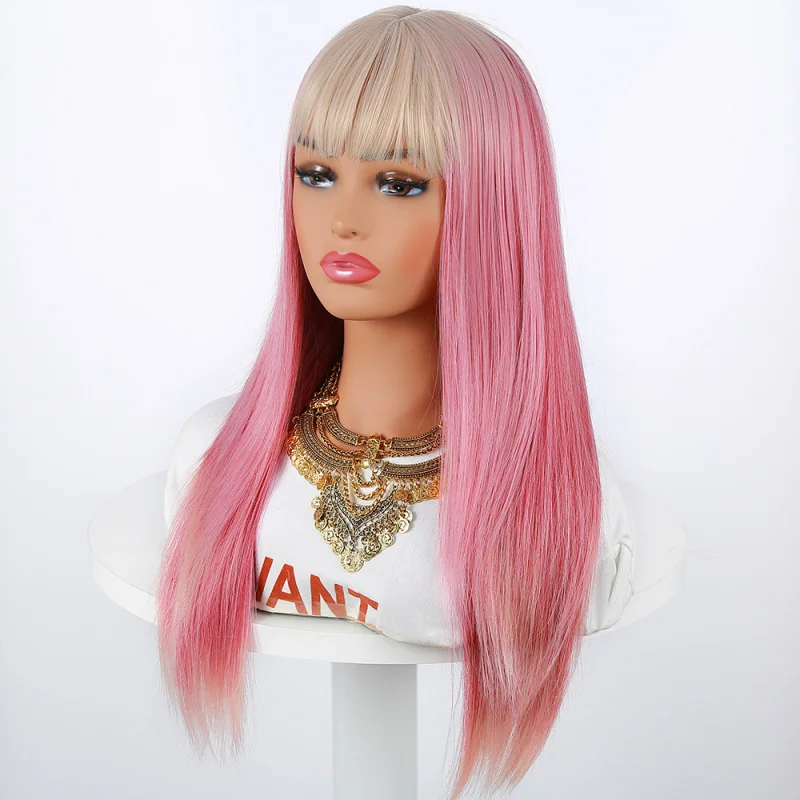 European and American Style Wig for Women with Bangs, Gradient Color, Long Straight Hair, High-Temperature Matte Synthetic Fiber