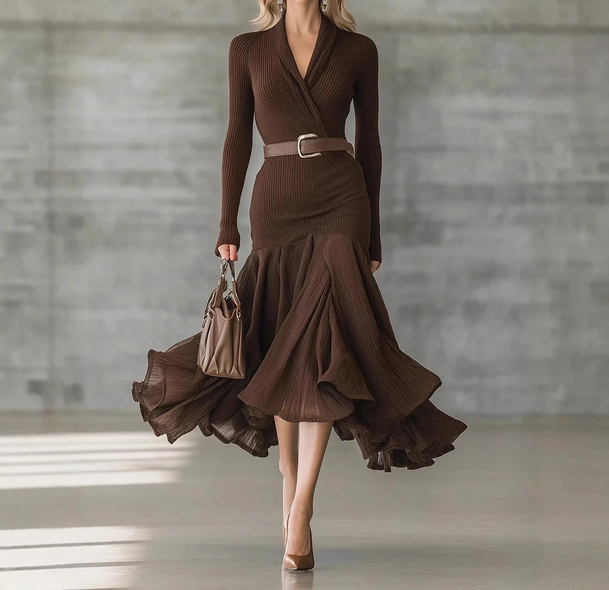 2025 Women's Autumn New Collection Solid Color Splicing V-neck Long Sleeve Dress Long Skirt