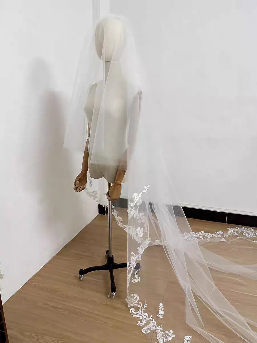 Nuevo velo de novia de 2 capas que puede cubrir la cara, velos de boda de la catedral Welon, velo largo de encaje con borde, velo blanco marfil con peine