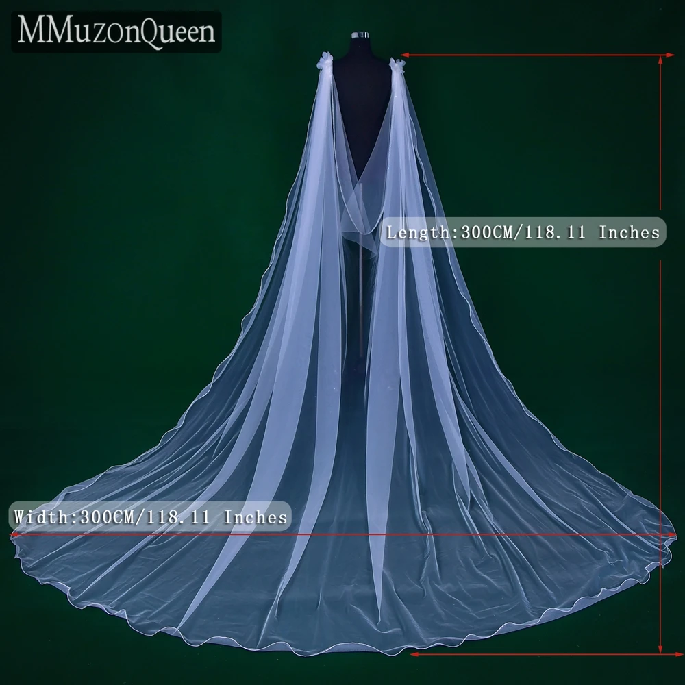 MMQ MG11 Elegant Long Wedding Shawl 3D Flower Sparkling Rhinestone Edge Bridal Capes Tulle Veil Accessories DIY Customized