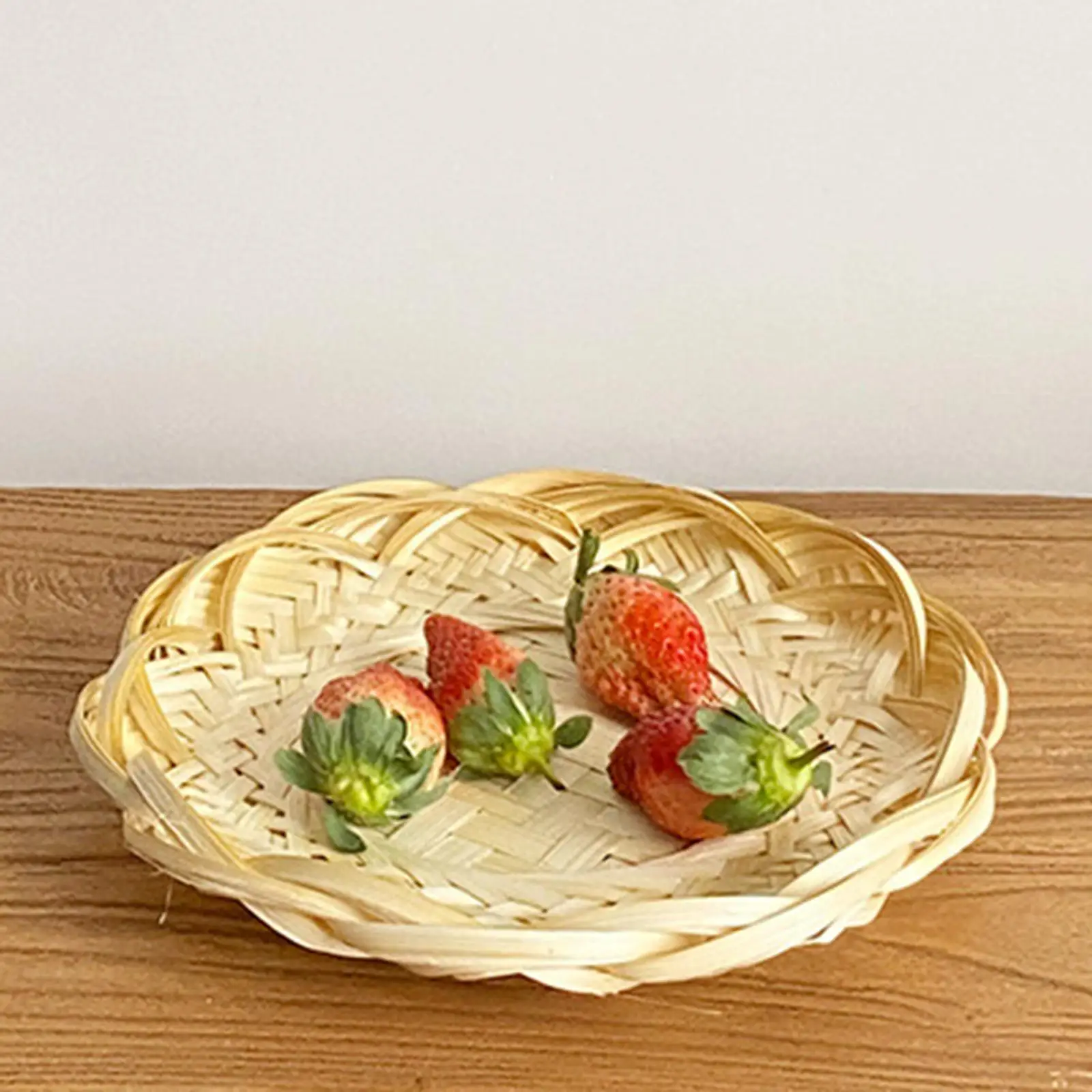 Handwoven Bamboo Bread Tray Serving Basket Tealight Wood Tray Farmhouse Food Storage Tray Woven Bread Basket for Coffee Table