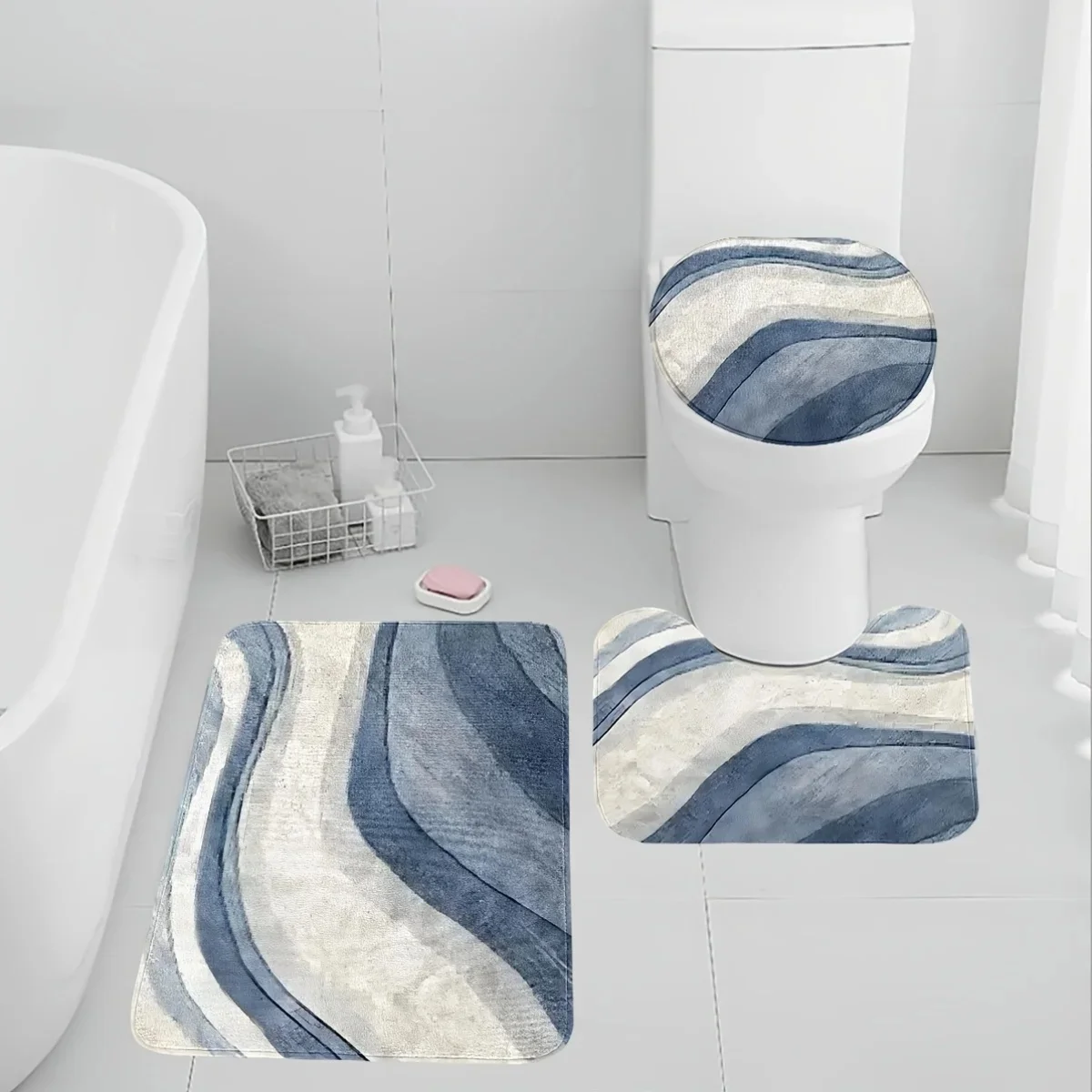 

3-piece bathroom rug set, non-slip bath mat, U-shaped toilet mat, toilet seat cover, thick, soft and comfortable, rendered blue