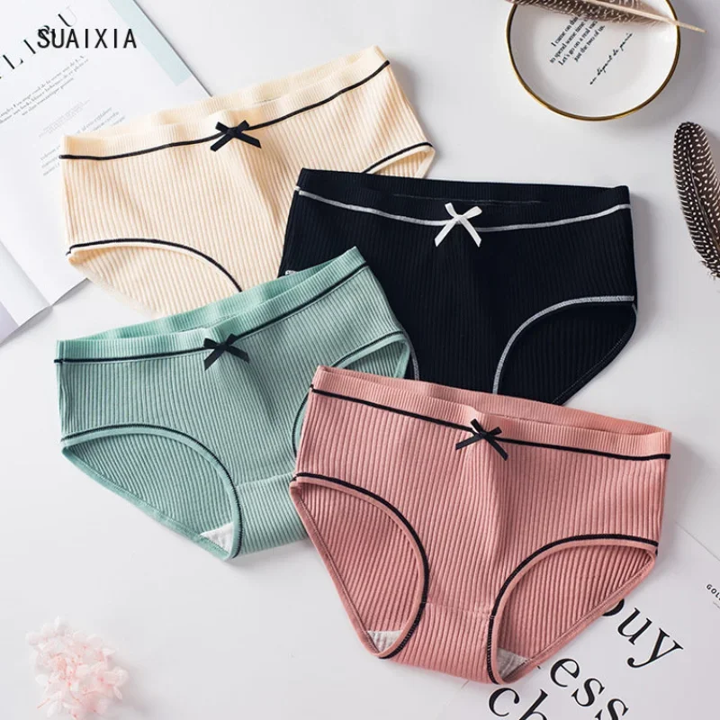 Pure Cotton Panties Ladies Threaded Cotton Bow Breathable Sexy Mid Waist Girls Briefs