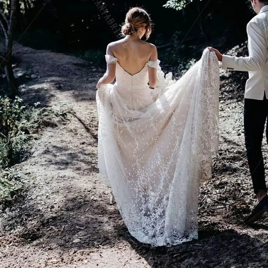 Hippie Dot Lace Wedding Dresses Off-The-Shoulder A-Line Bridal Gowns Romantic Boho Engagement Vestido De Noivas   DW532