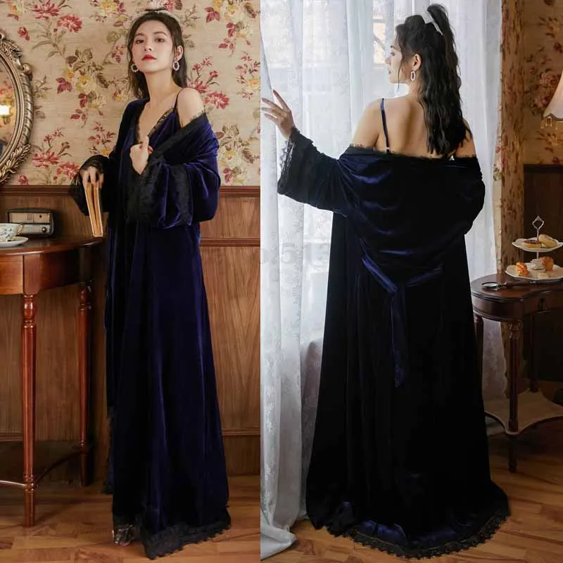 Wedding Bride Morning Gown Sexy Lace Spaghetti Strap Chemise Nightdress Robe Set Women Velour Long Home Clothes Winter Nightwear