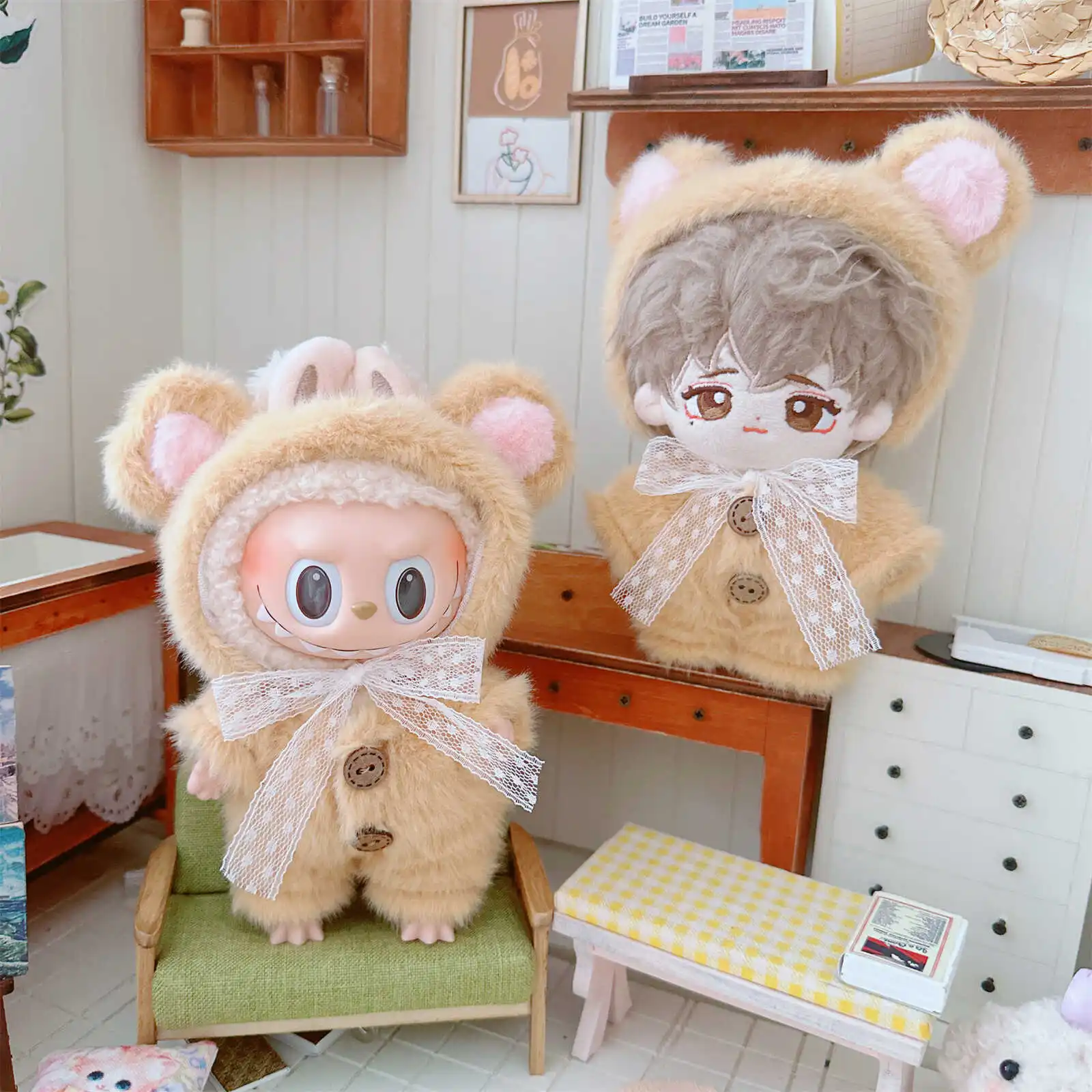 10cm Kawaii Idol Doll Clothes Cute Soft Fluffy Teddy Bear Doll Clothes 2Pcs Set Plush Doll Clothes Accessories Girls Kids Gifts