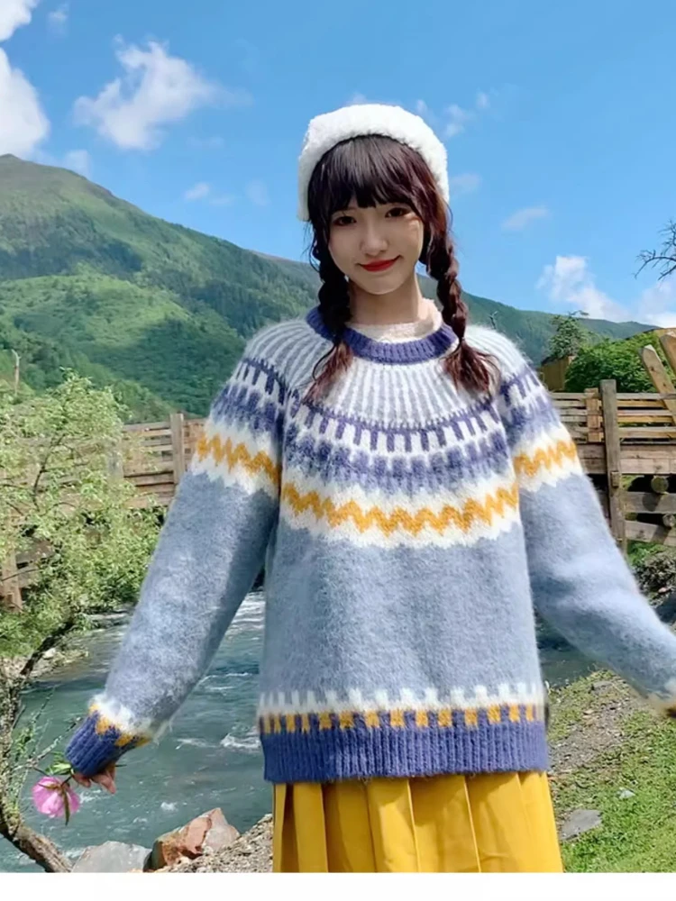 106cmBust FallWinter الأزرق البلوز سترة المرأة أنيقة فضفاضة خمر أيسلندا معرض جزيرة س الرقبة طويلة الأكمام الصوف محبوك سترة