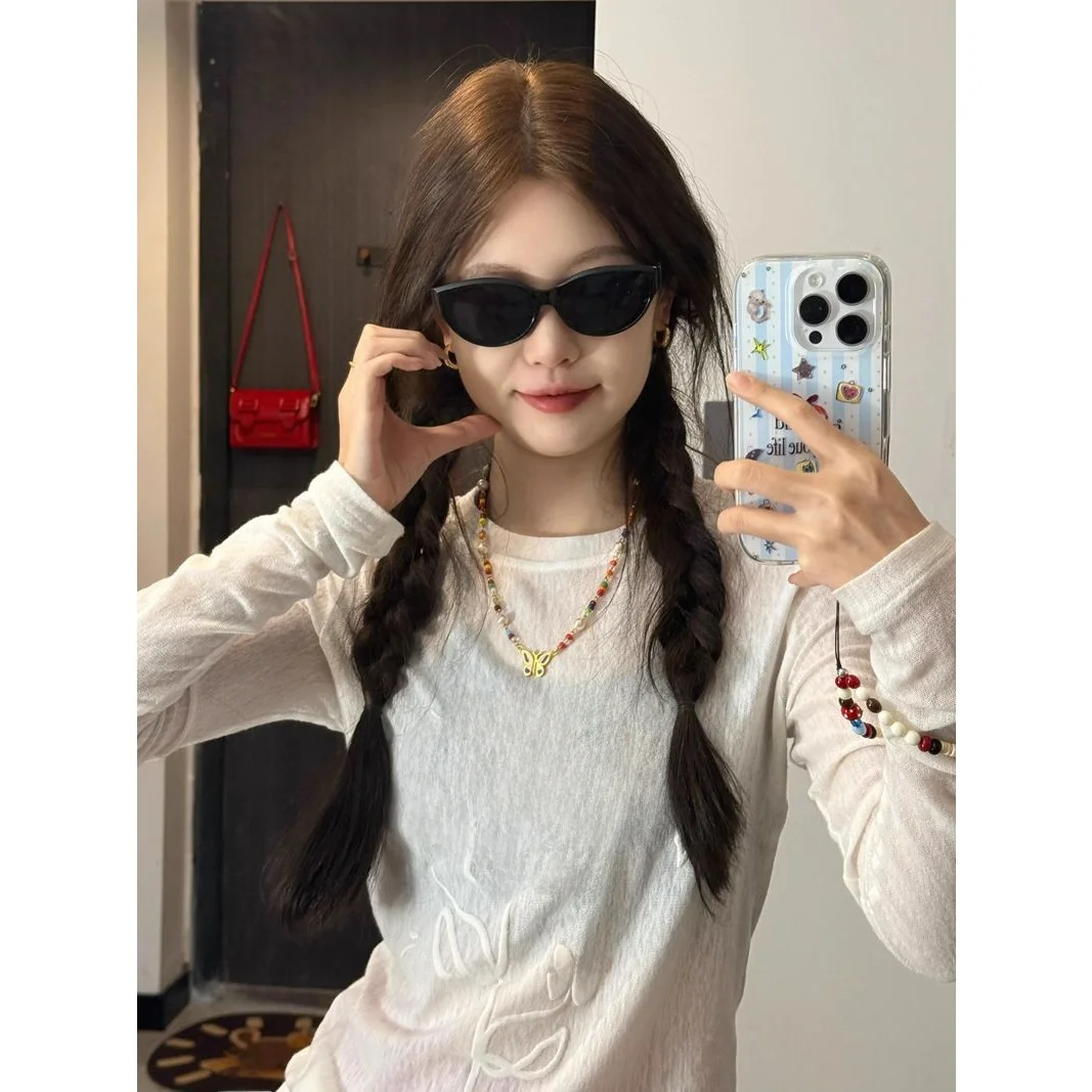 Korean Style Women's Light Thin Long Sleeve White Sun Protection Knitted Shirt Micro Transparent Slim Fit T-shirt Summer Top
