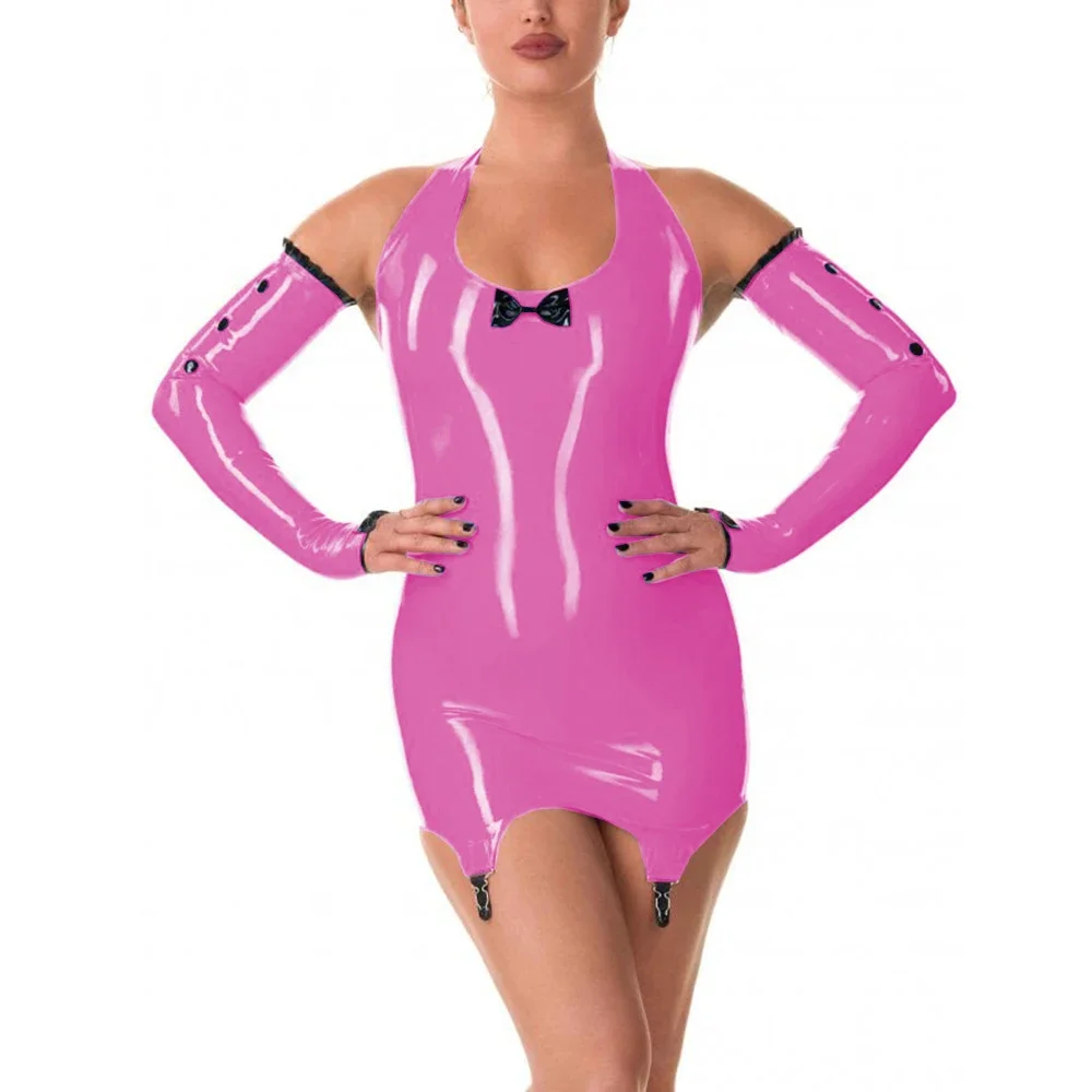 نظرة الرطب براءات الاختراع والجلود الرسن فستان قصير مثير عارية الذراعين Bodycon فستان مع مقاطع الرباط أكمام أذرع تبريد نادي الحفلات مع قفازات