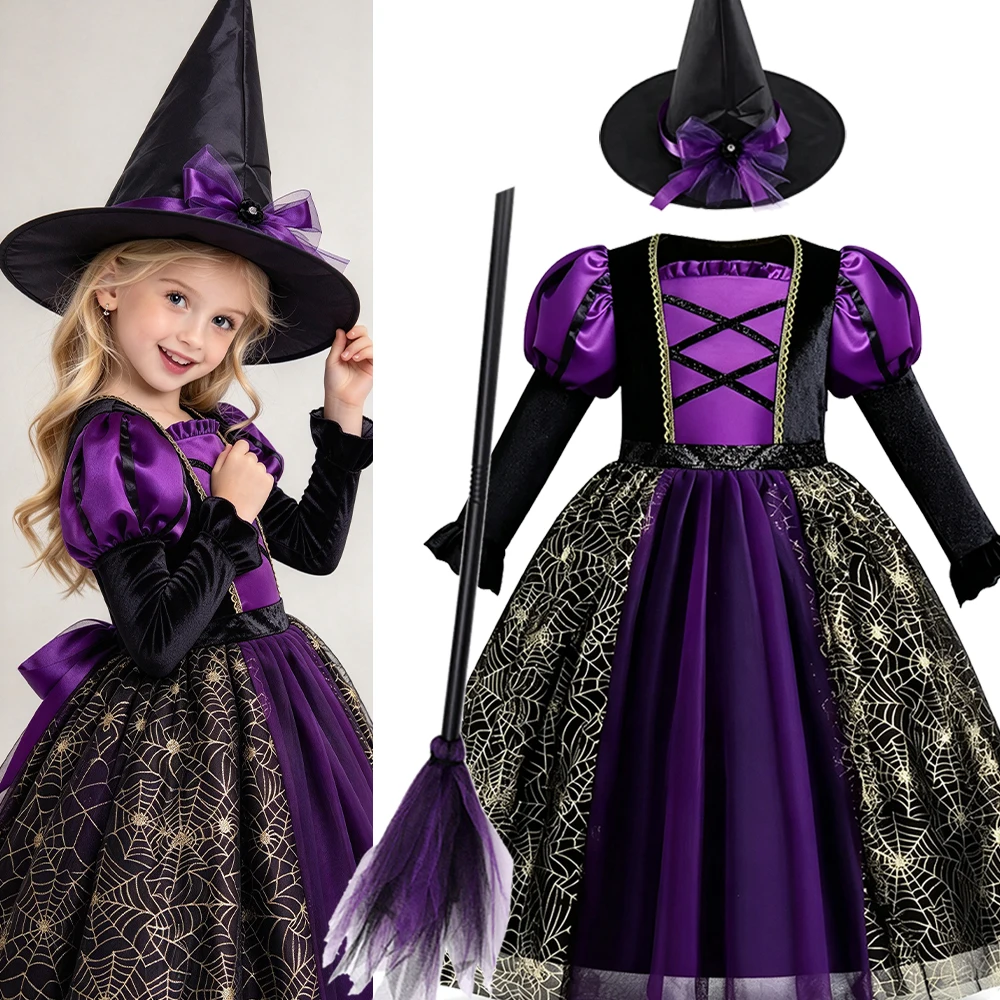 Purple Witch Costume Girls Kids Ghost Gothic Black Dress With Cape Bag Broom Halloween Carnival Party Girls Outfits