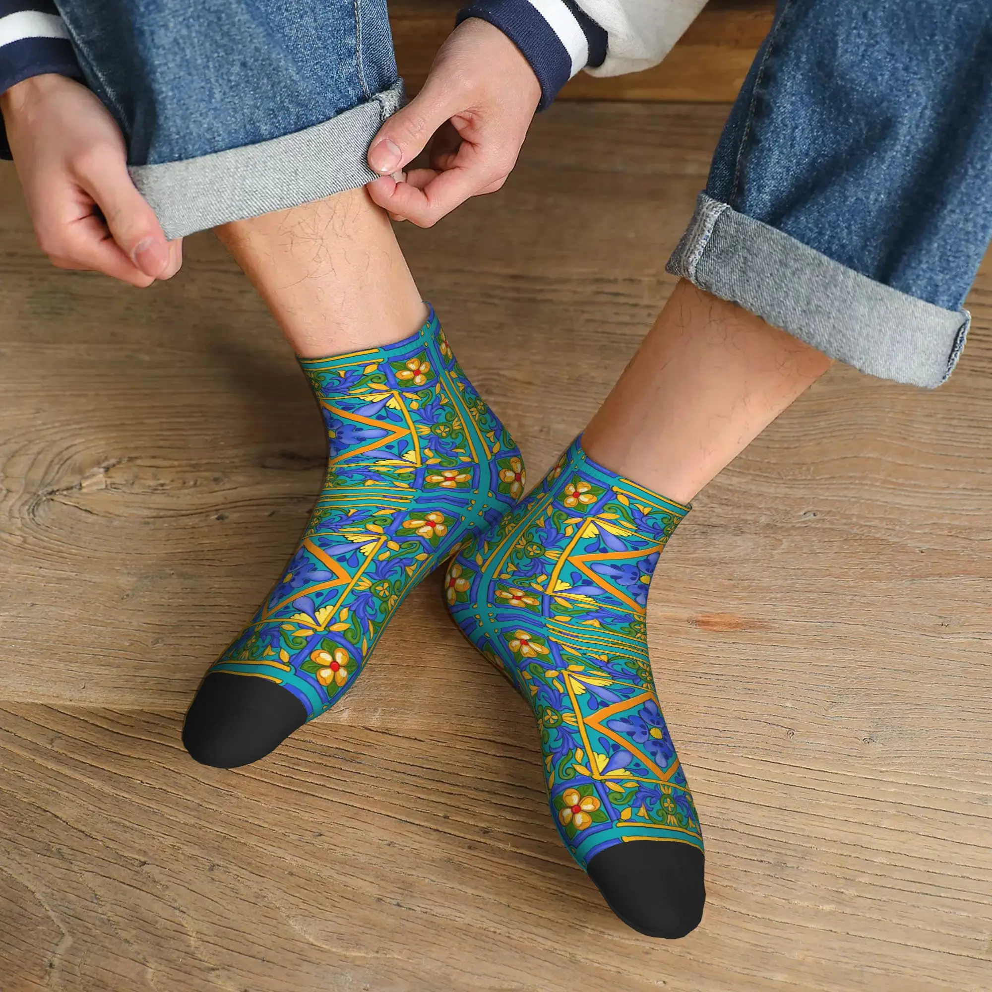

Summer ,Sicilian tiles ,majolica,lemons ,Mediterranean Socks Harajuku High Quality Sport Middle Tube Socks Soft Hip Hop Stocking