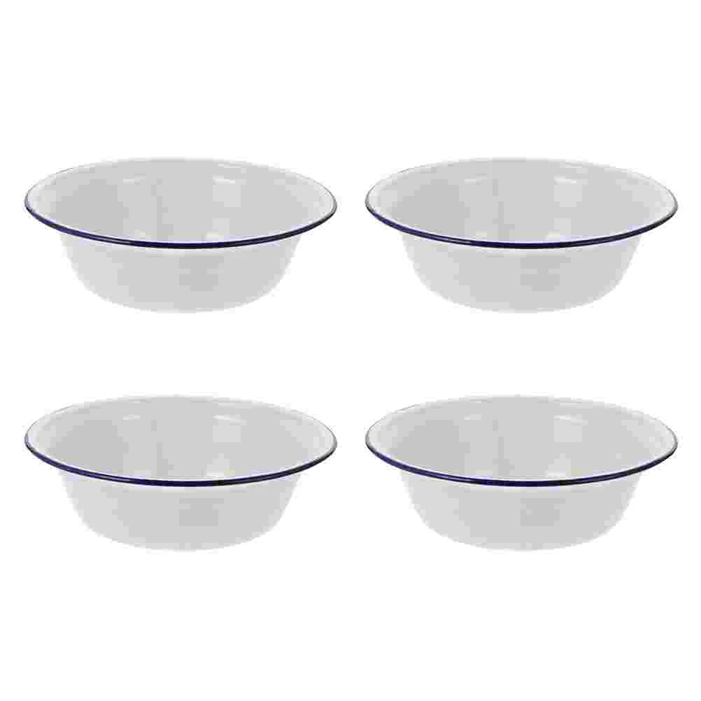 4 Pcs 20cm White Deep Enamel Bowl Vintage Soup Food Container Easy Clean Retro Design Family Restaurant Kitchen Tableware Set