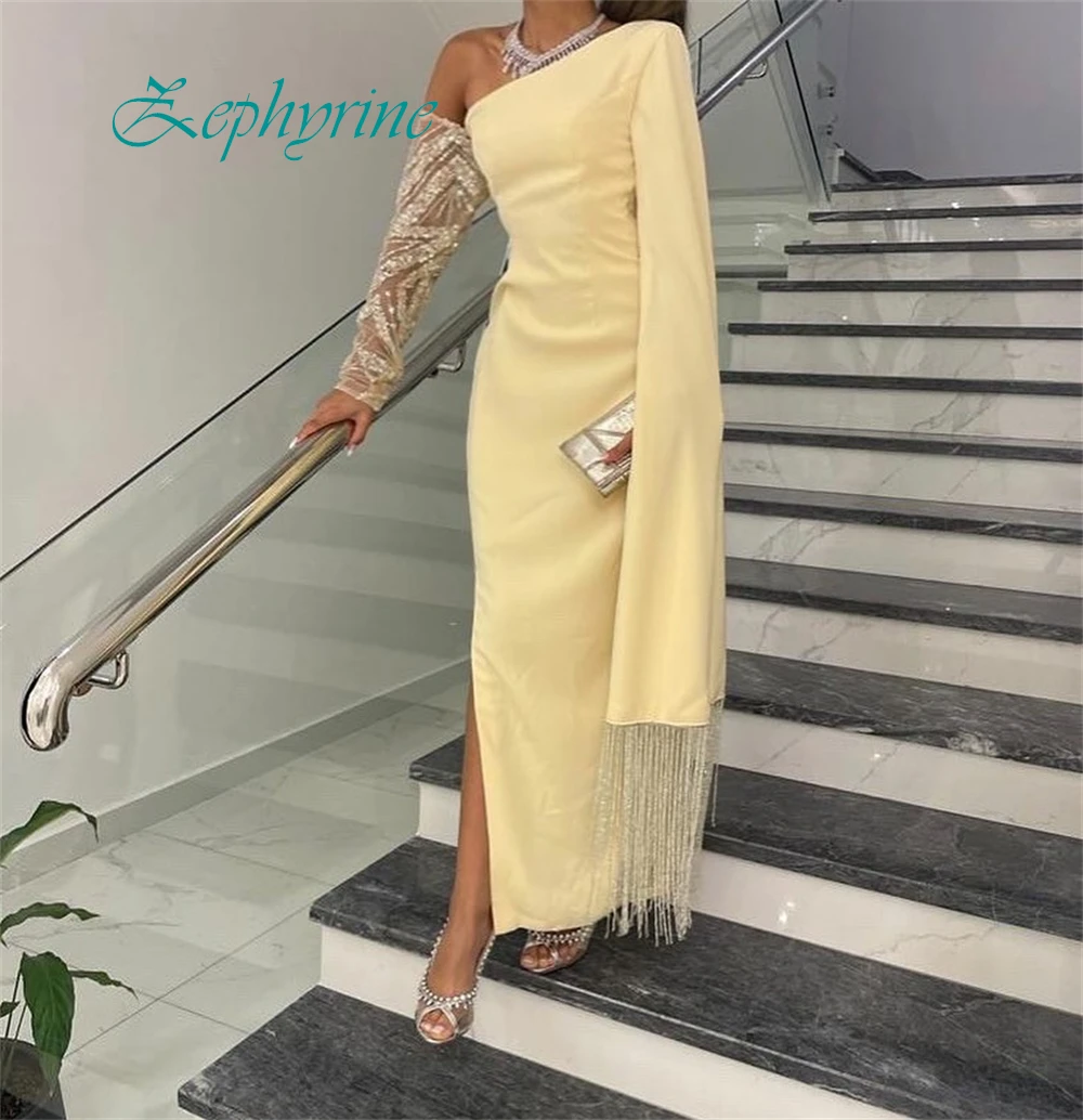 맞춤형 순수 한 어깨 발목 길이 a 라인 이브닝 드레스 패션 새틴 긴 소매 특별 행사 가운 섹시한 드레스