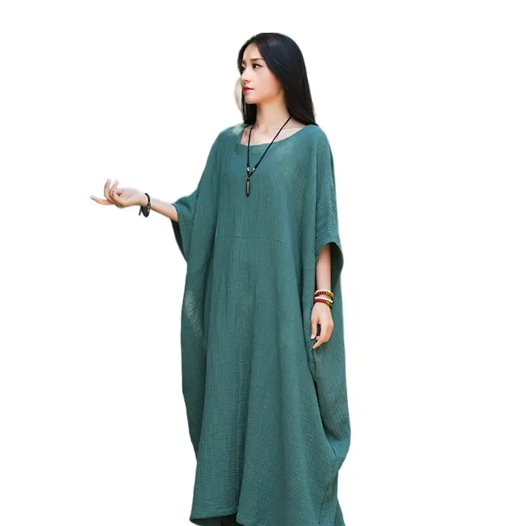 

Autunm women loose casual vintage cotton linen dress,brand batwing sleeve oversize long maxi dresses vestido blanco korean dress