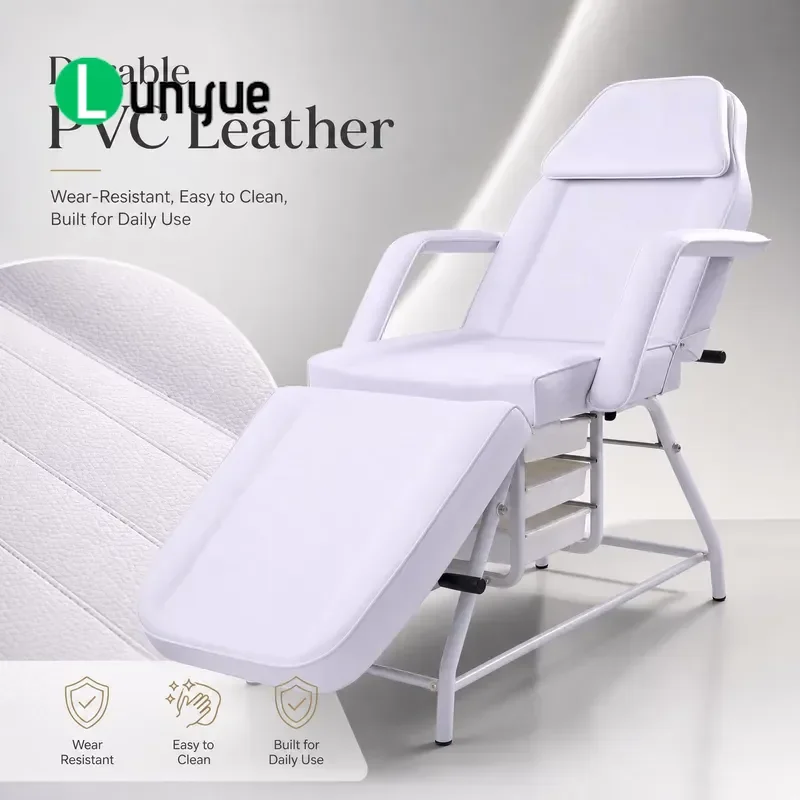 White Beauty Bed with 3 Storage Drawers Backrest Foot Pedal Manual Adjustment Eyelash Extension Chair for Beautician