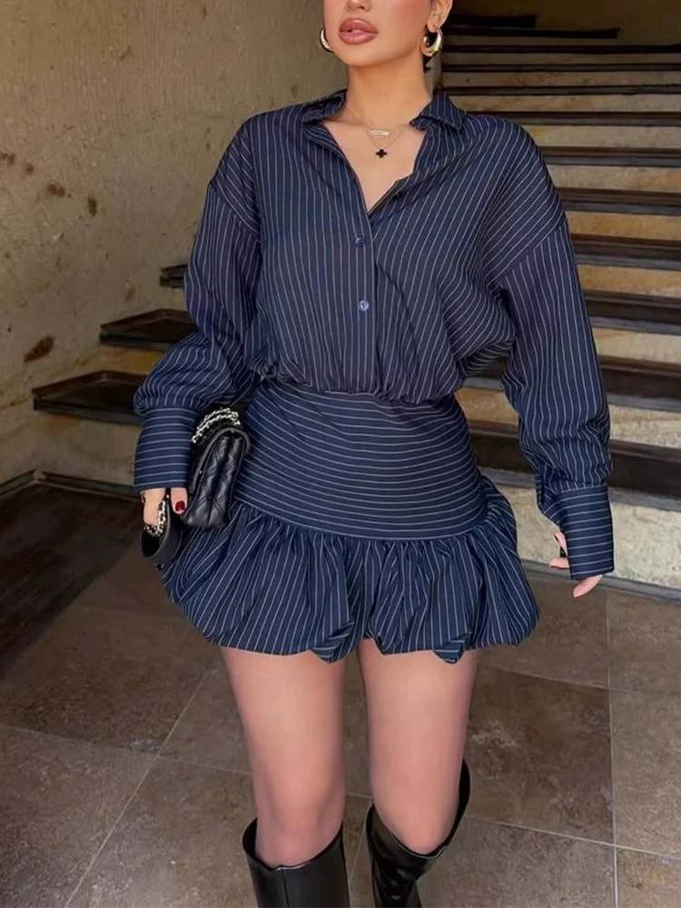 

Spring New Slim Suits Fashion Stripe Printed Long Sleeve Shirts&Mini Skirts Sets Casual Women Lapel Commute Tops Two Piece Sets