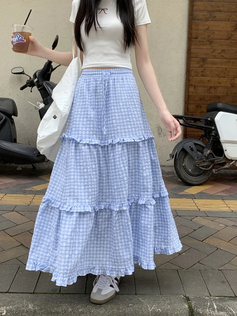 

Синяя клетчатая юбка А-силуэта с рюшами и завязками, женская, весенняя, стройнящая, универсальная, с эффектом омоложения, с высокой талией, для повседневной носки, средней длины