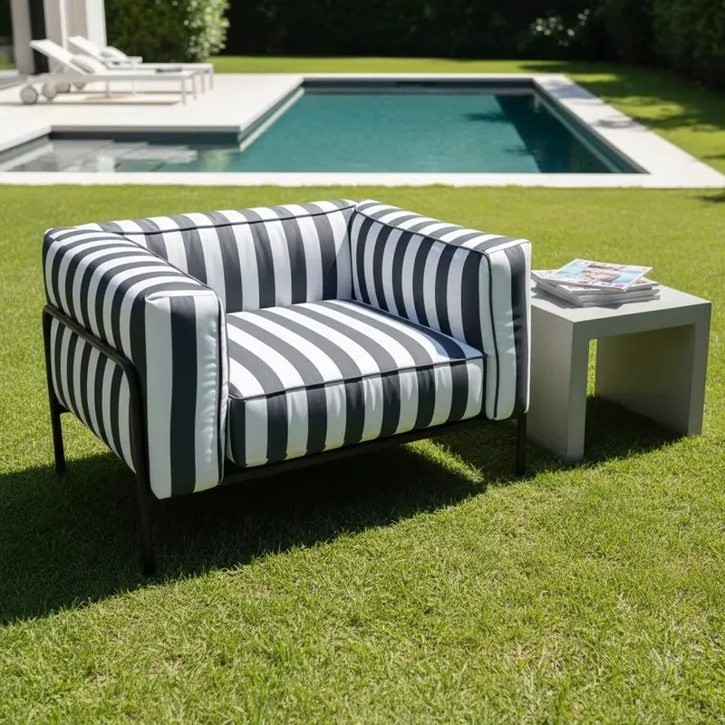 Disen Modern Italian Style Apartment Outdoor Armchair Stainless Steel Frame Striped Foam Fabric Waterproof