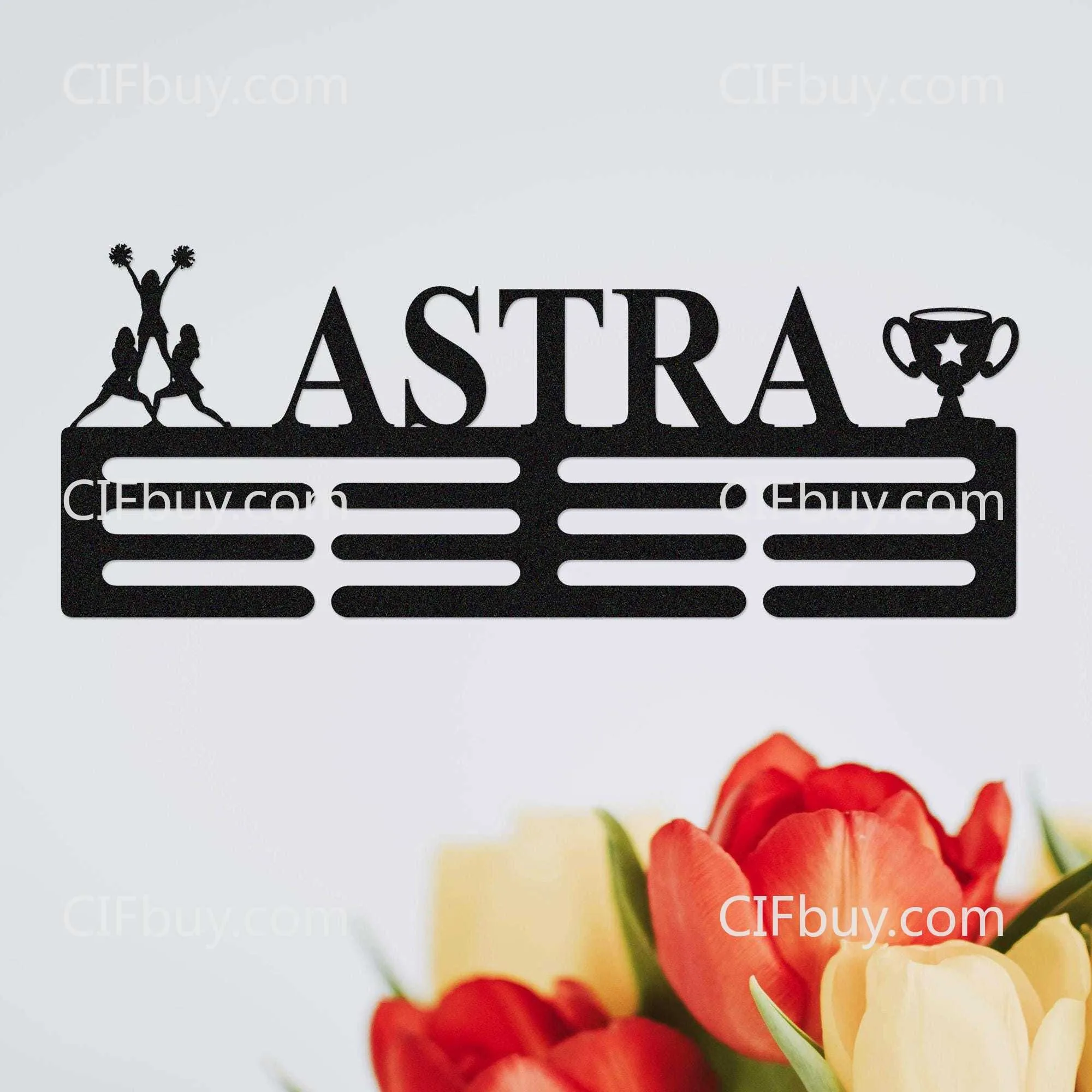 Custom Monogram Medal Hanger,Personalized Name 12‑Rung Metal Sports Medal & Ribbon Display Rack