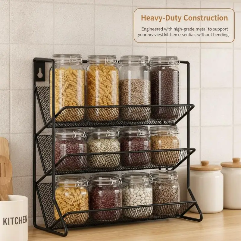 4 Tier Multifunctional Carbon Steel Storage Shelf Wall Mount Spice Rack Seasoning Jar Organizer for Kitchen Bathroom Pantry