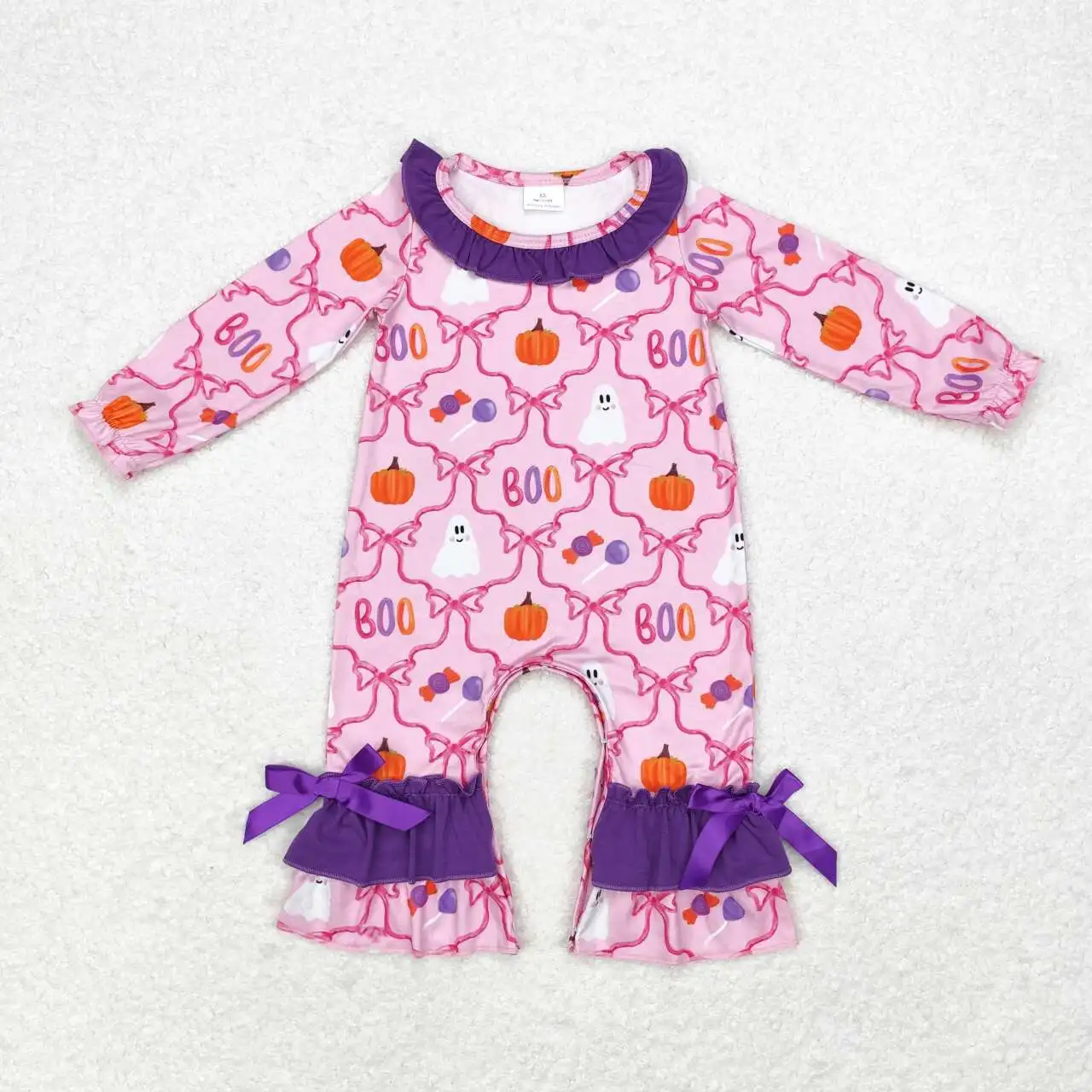 

RTS Infant Boutique Wholesale Clothing Baby Girls Pink Halloween Ghost Boo Long Sleeve Fashion Fall Bows Ruffles Rompers