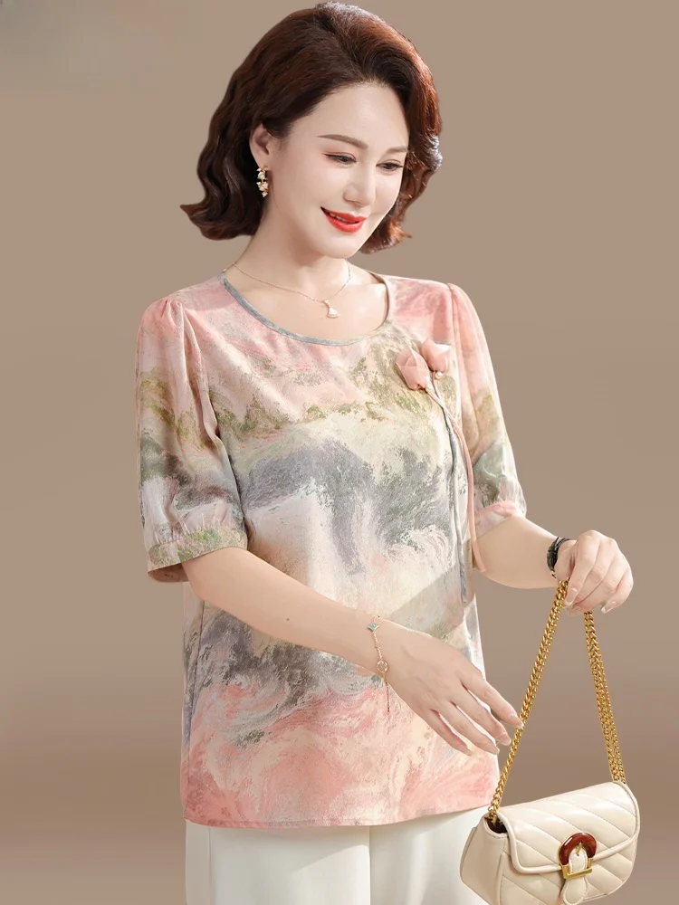 

New Chinese Style Summer Outfit Set for Mom Summer Short Sleeve T-Shirt Women's Fashion Loose Fit Polyester Fiber round Neck