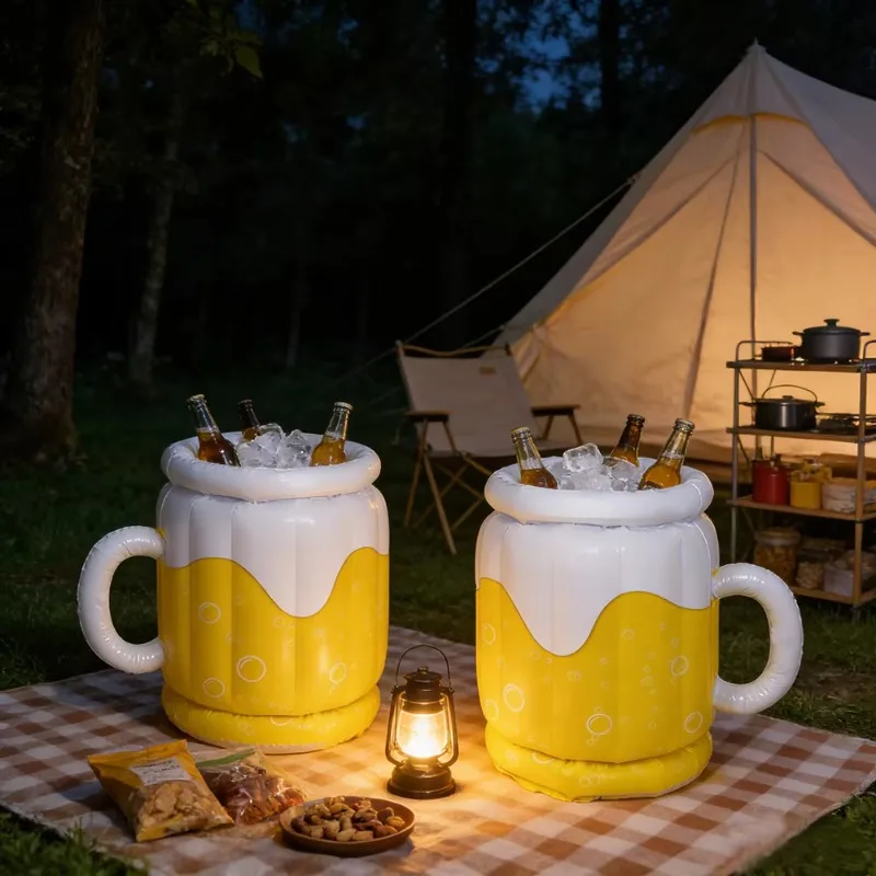 Inflatable Beer Mug Ice Bucket Yellow PVC Portable Outdoor Beverage Cooler Pool Party Accessory