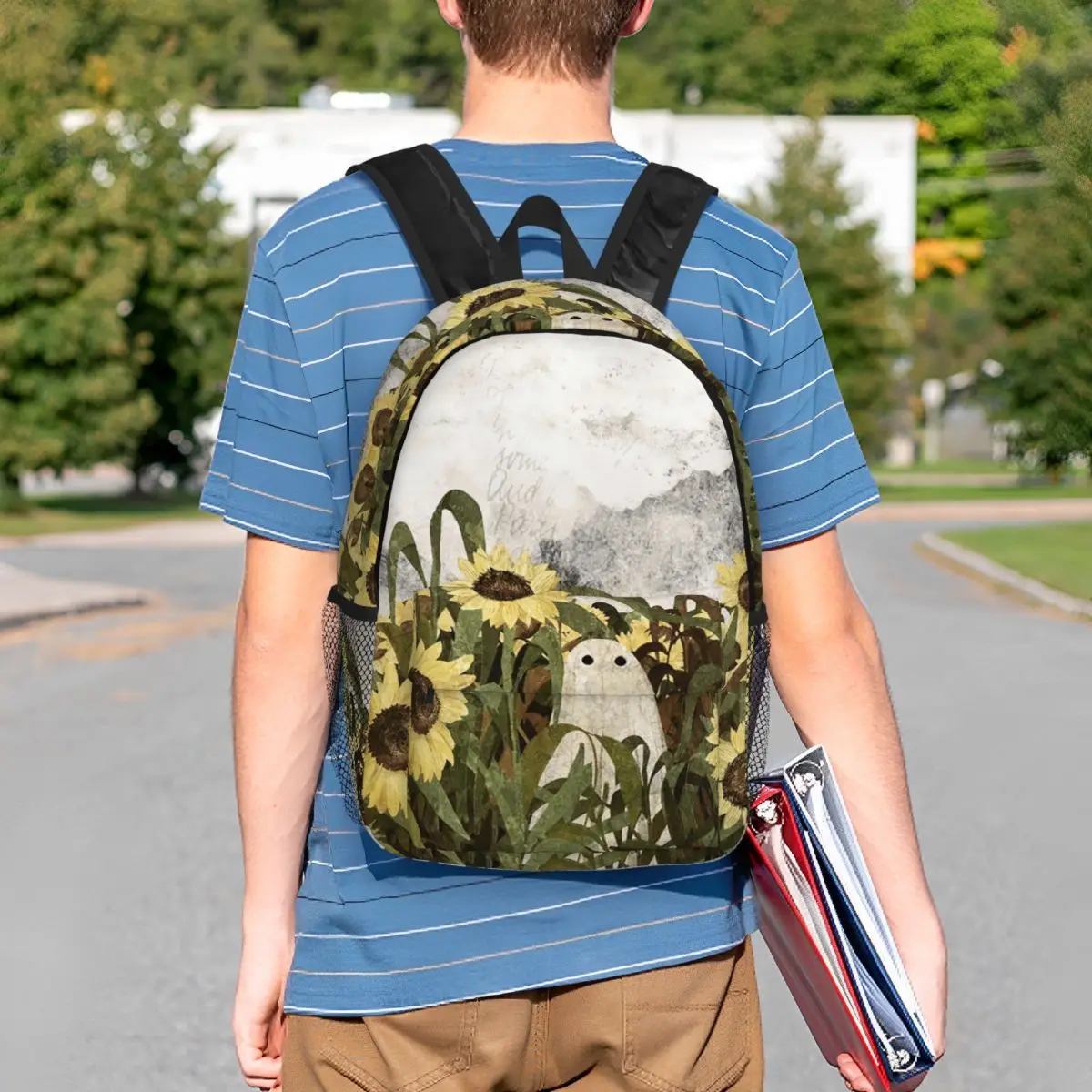 Cute Ghost Surrounded By Wild Flowers Backpack Student BookBag Kids School Bag Computer Shoulder Bags for Boys Girls