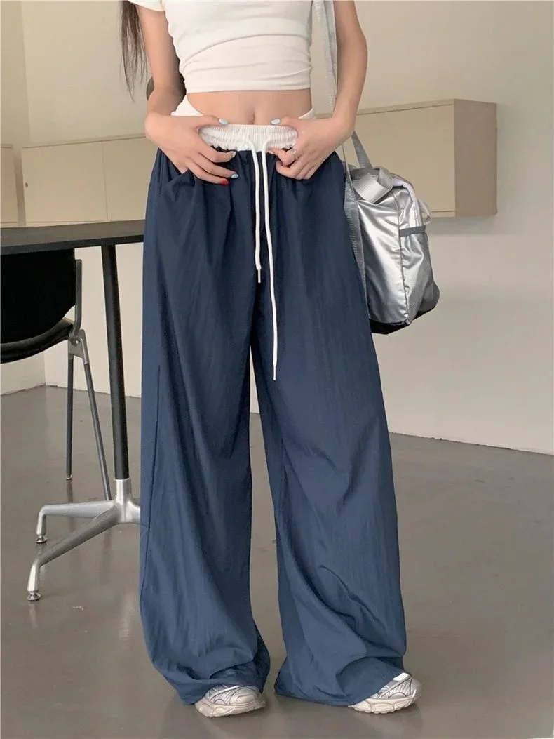American Style Quick Dry Loose Sports Work Pants Women's Summer Lazy Splice Casual Pants High Waist Wide Leg Pants
