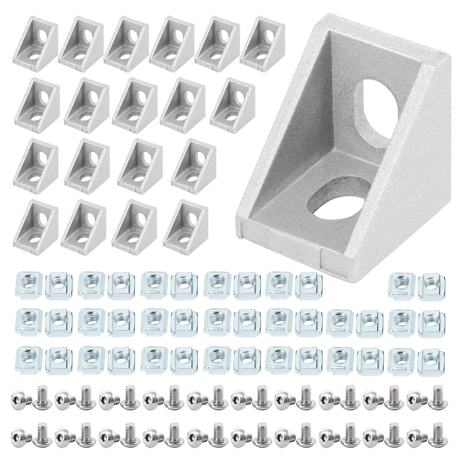 100PCS 2020 Aluminum Profile Connector Set: 20pcs Corner Bracket + 40pcs 20 Series M5 T-slot Nuts + 40pcs M5x8mm Hex Socket Cap